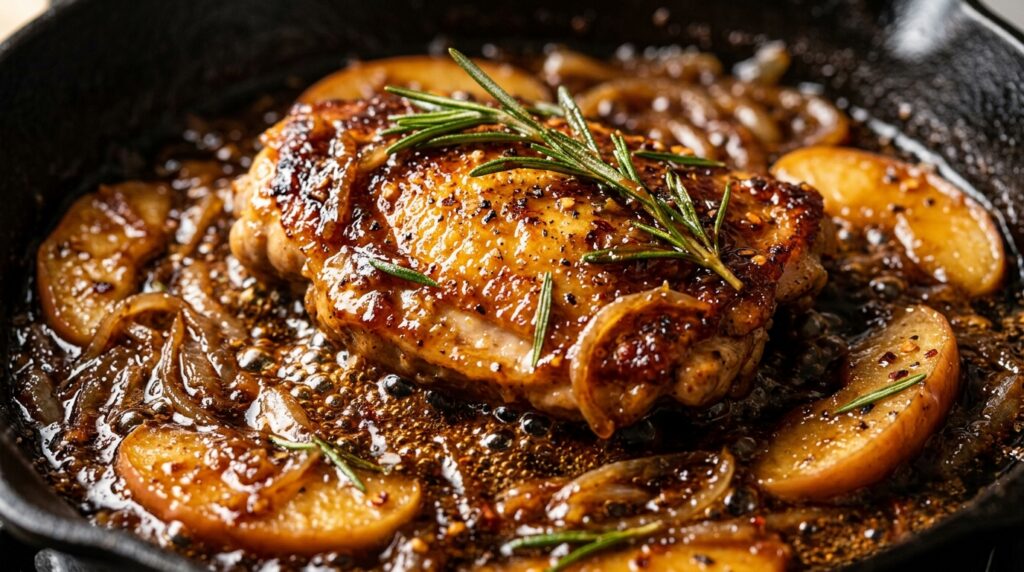 Ultra close-up macro food photography of golden seared chicken cutlets simmering in mahogany spiced apple cider reduction with caramelized onions and sliced apples