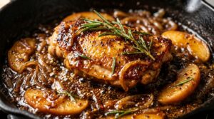 Ultra close-up macro food photography of golden seared chicken cutlets simmering in mahogany spiced apple cider reduction with caramelized onions and sliced apples