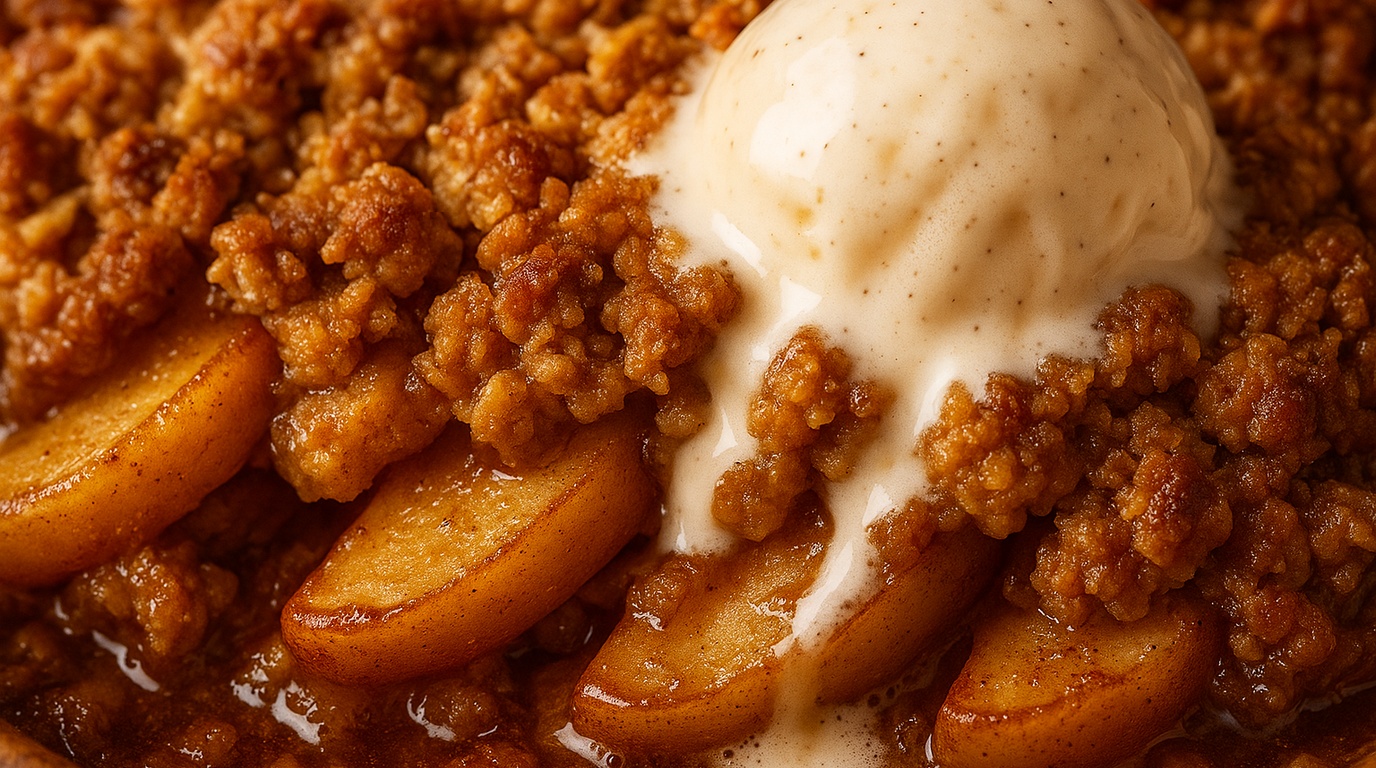 Ultra close-up macro food photography of old-fashioned warm cinnamon apple crisp with bubbly golden brown oat streusel and melting vanilla ice cream