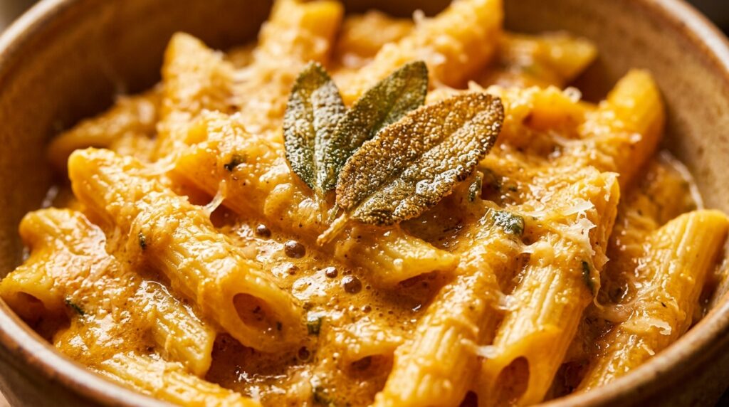 Ultra close-up macro food photography of creamy butternut squash and sage penne pasta with grated parmesan and crispy sage leaves