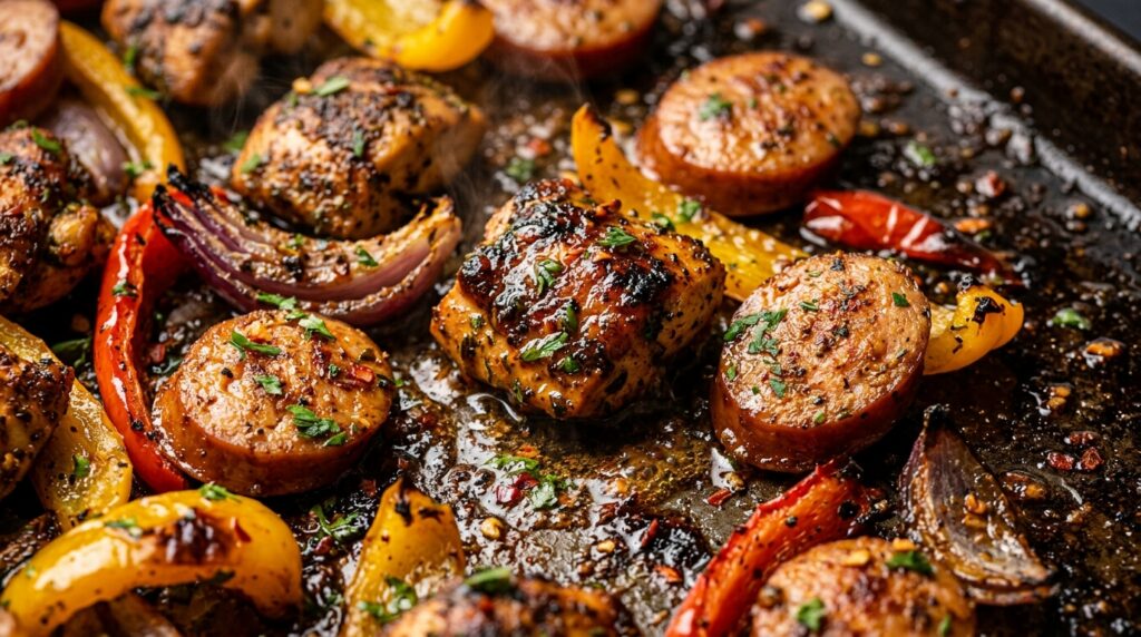 Ultra close-up macro food photography of sizzling Cajun chicken bites, sliced caramelized halal smoked turkey sausage, blistered bell peppers and charred red onions