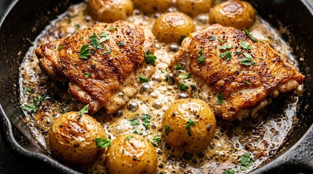 Ultra close-up macro food photography of golden seared crispy chicken thighs and tender baby gold potatoes in rich garlic parmesan cream sauce
