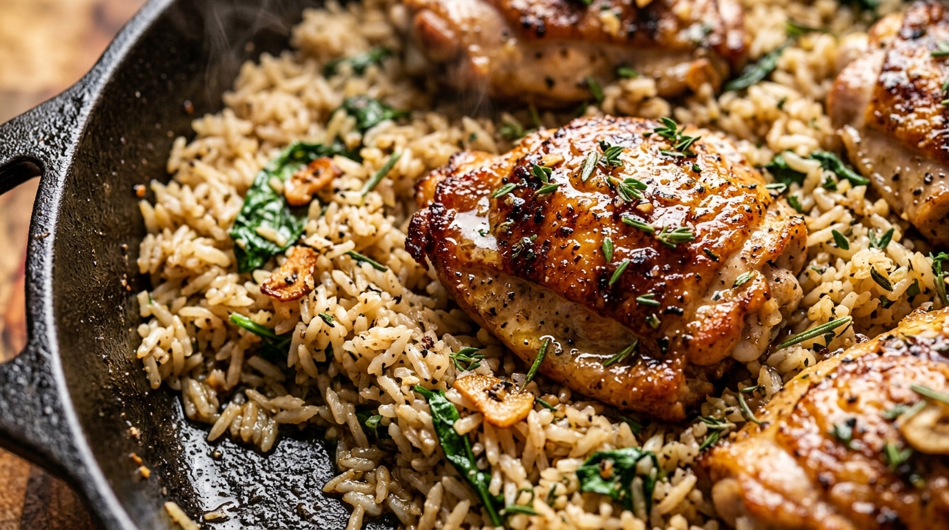 Ultra close-up macro food photography of skillet garlic herb butter chicken and rice with fresh thyme and rosemary