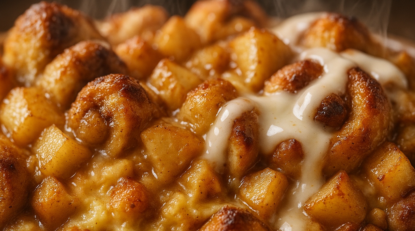 Ultra close-up macro food photography of cozy cinnamon roll apple french toast casserole fresh out of the oven with cream cheese glaze and spiced apples