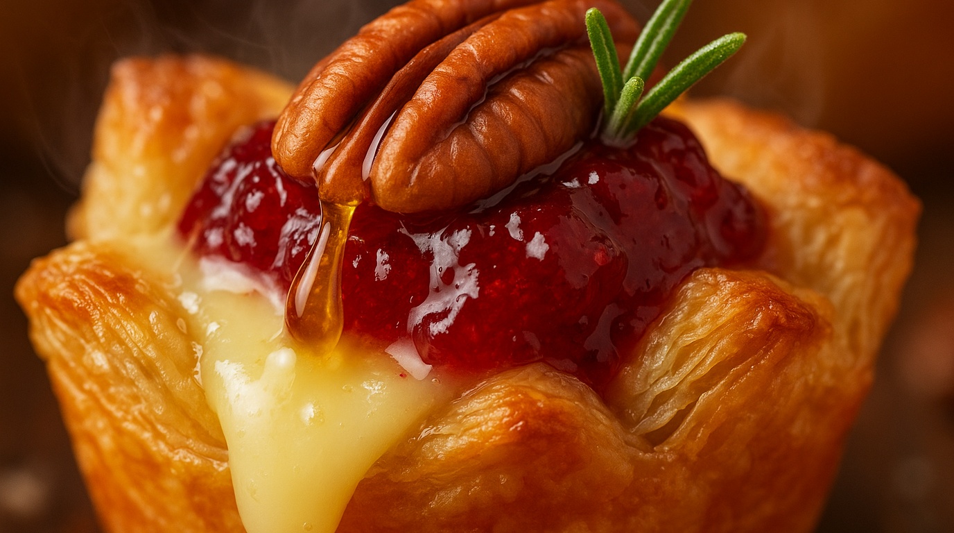 Ultra close-up macro food photography of golden flaky cranberry brie puff pastry bites with melted cheese and honey drizzle