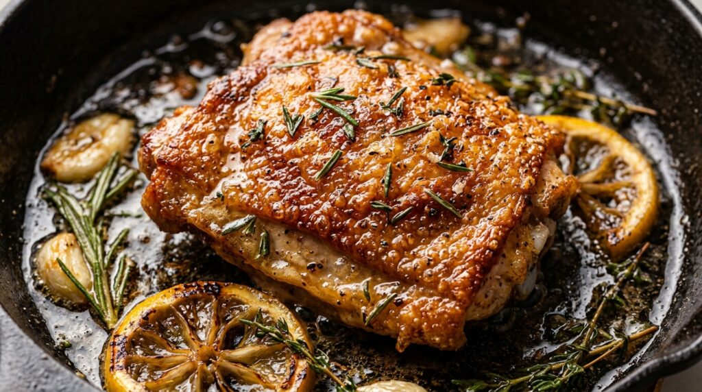 Ultra close-up macro food photography of golden crispy cast-iron lemon herb chicken thighs with crackling skin, garlic cloves, and rosemary