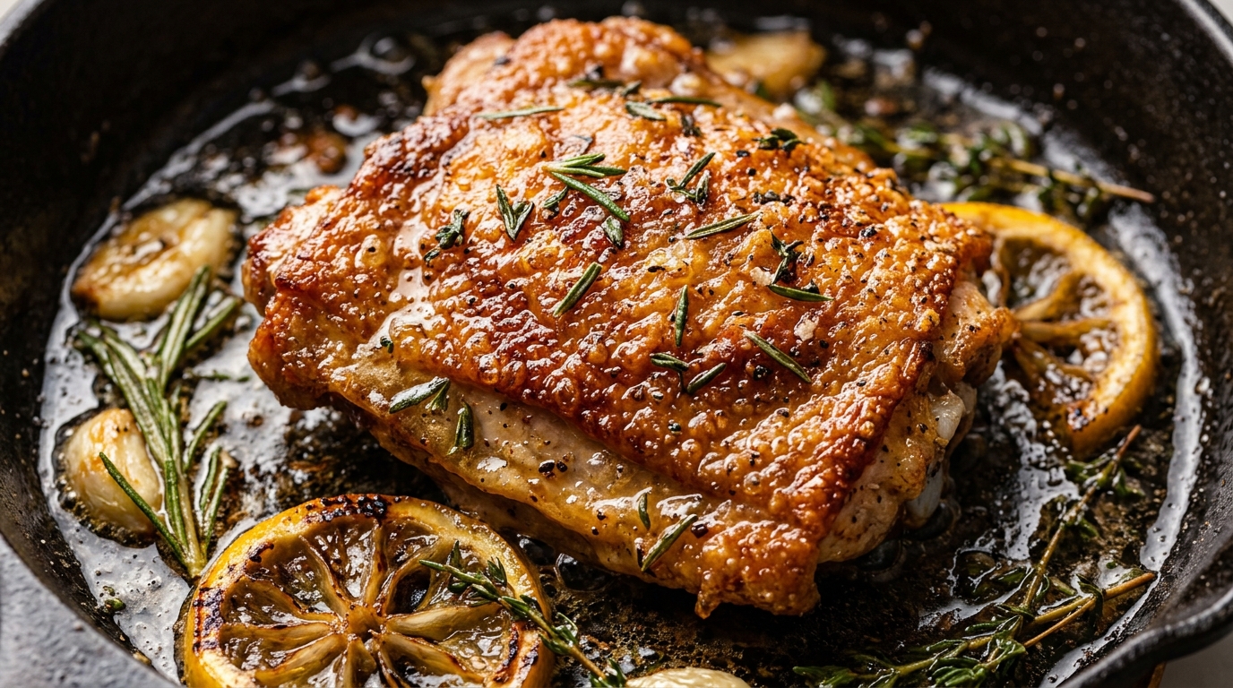 Ultra close-up macro food photography of golden crispy cast-iron lemon herb chicken thighs with crackling skin, garlic cloves, and rosemary