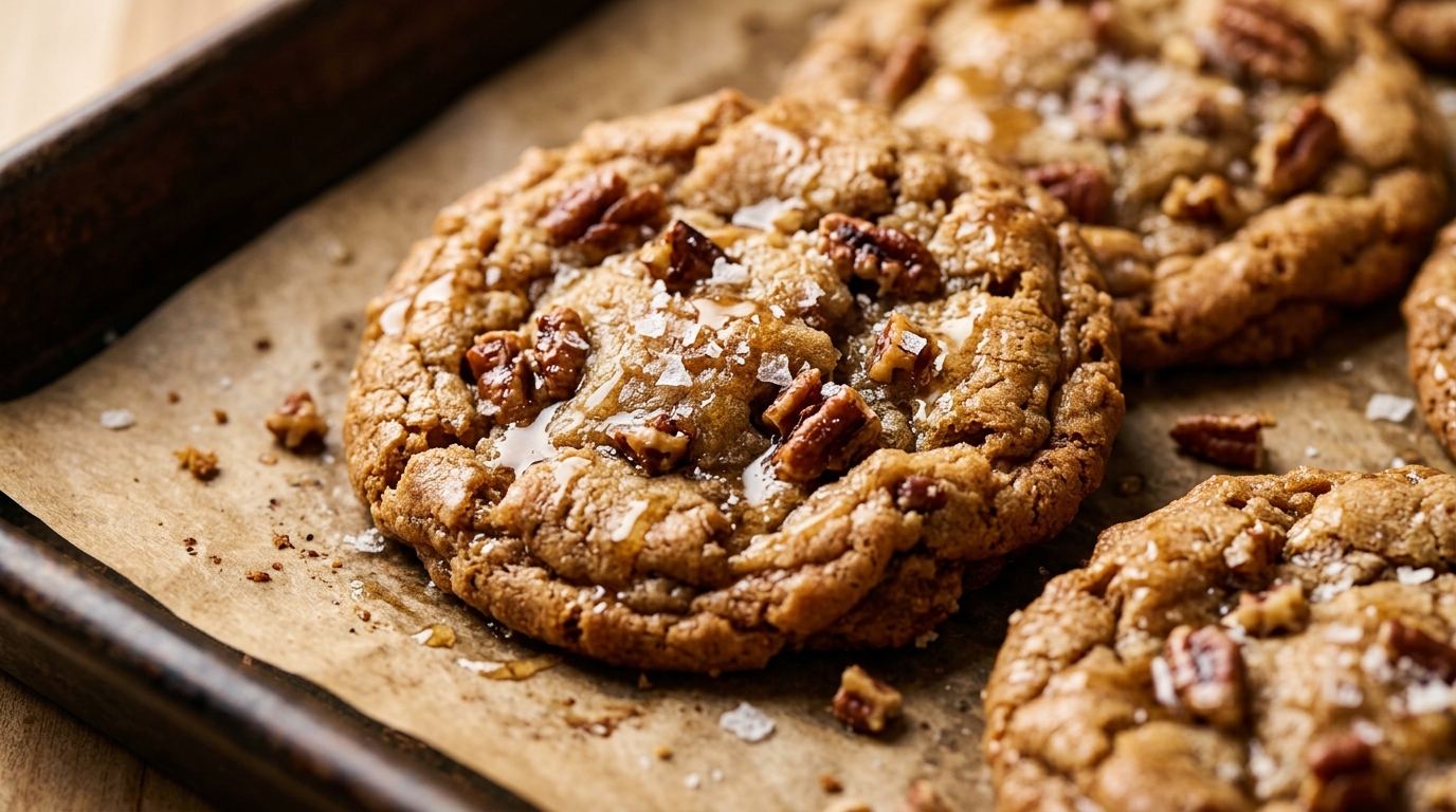 Ultra close-up macro food photography of chewy brown butter pecan maple cookies with sea salt and toasted pecans