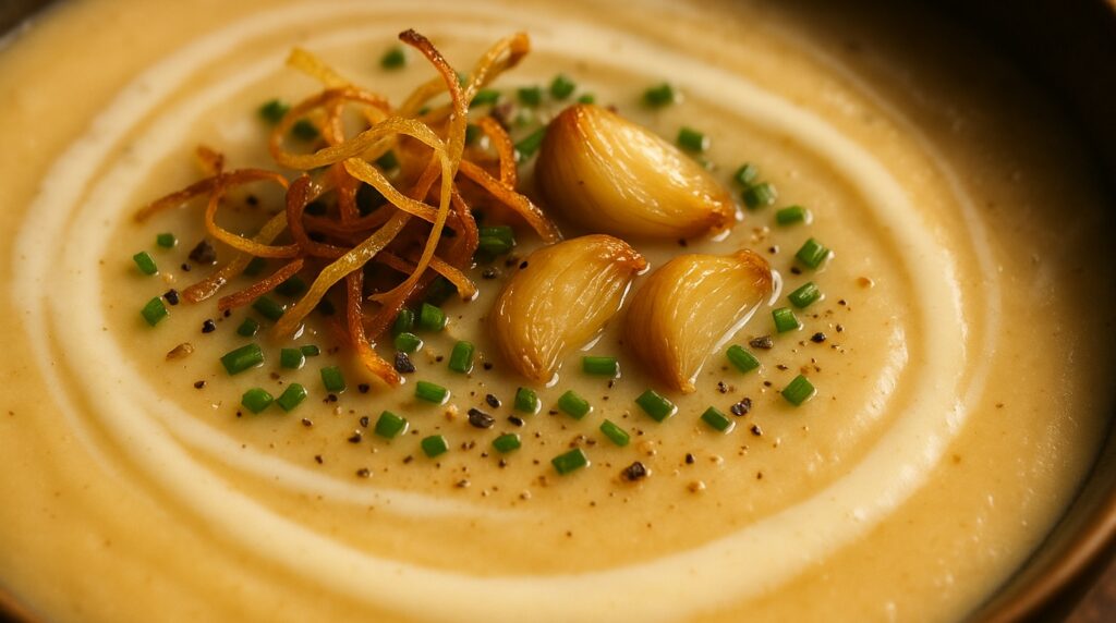 Ultra close-up macro food photography of velvety roasted garlic and potato leek soup with cream swirl, crispy leeks, and fresh chives