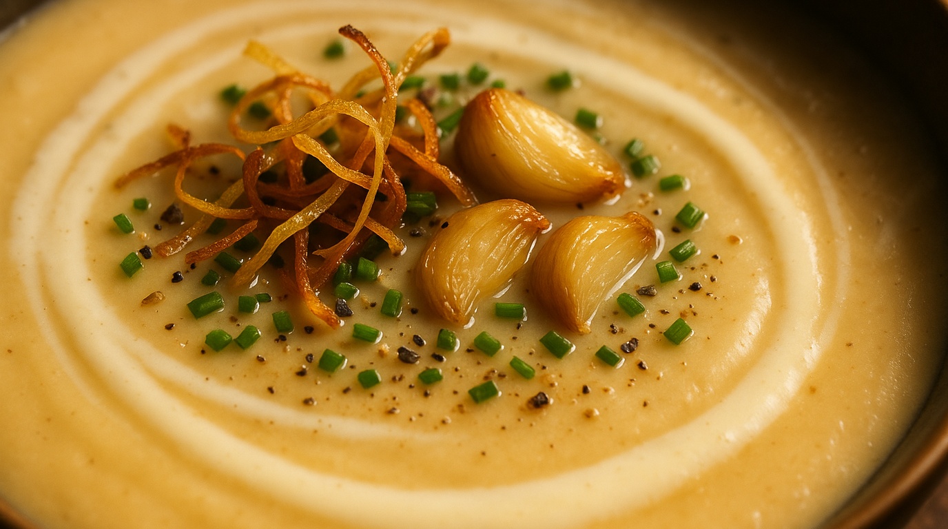 Ultra close-up macro food photography of velvety roasted garlic and potato leek soup with cream swirl, crispy leeks, and fresh chives
