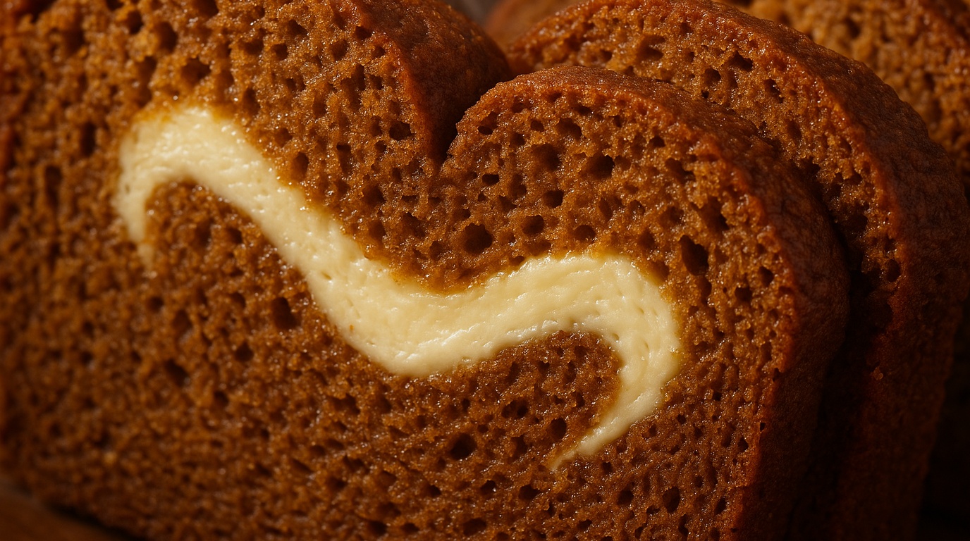Ultra close-up macro food photography of moist slices of pumpkin cream cheese swirl loaf bread with white cheesecake ribbon