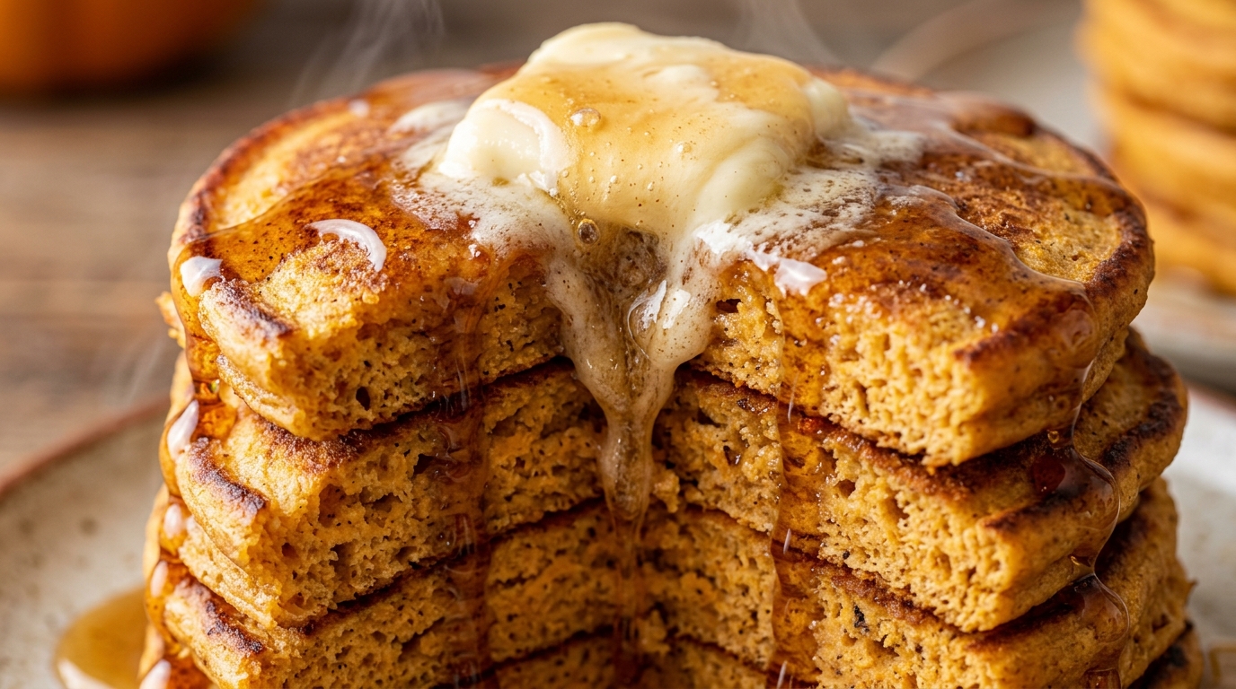 Ultra close-up macro food photography of thick fluffy buttermilk pumpkin spice pancakes with melting butter and maple syrup