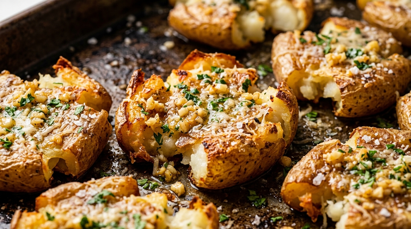 Ultra close-up macro food photography of ultra-crispy garlic butter smashed potatoes with melted parmesan, minced garlic, and fresh herbs