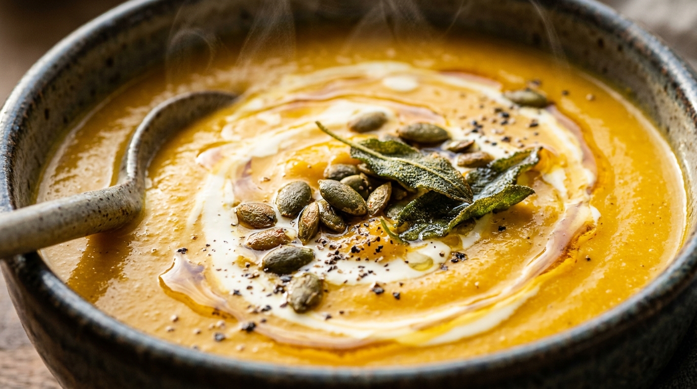 Ultra close-up macro food photography of creamy roasted butternut squash and apple soup with cream swirl and crispy sage