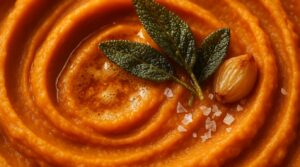 Ultra close-up macro food photography of velvety brown butter mashed sweet potatoes with crackling sage leaves and roasted garlic