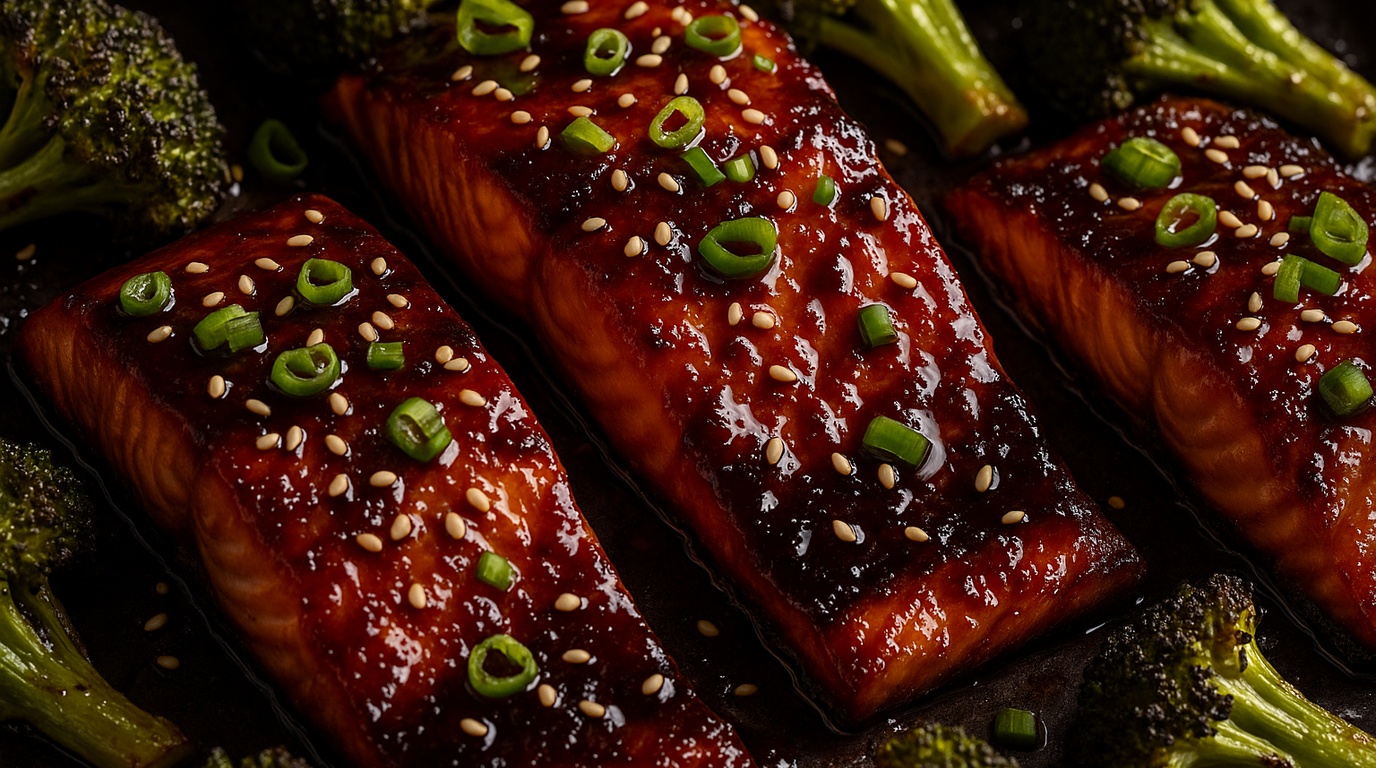 Ultra close-up macro food photography of sheet pan sweet ginger teriyaki salmon and broccoli with toasted sesame seeds and scallions