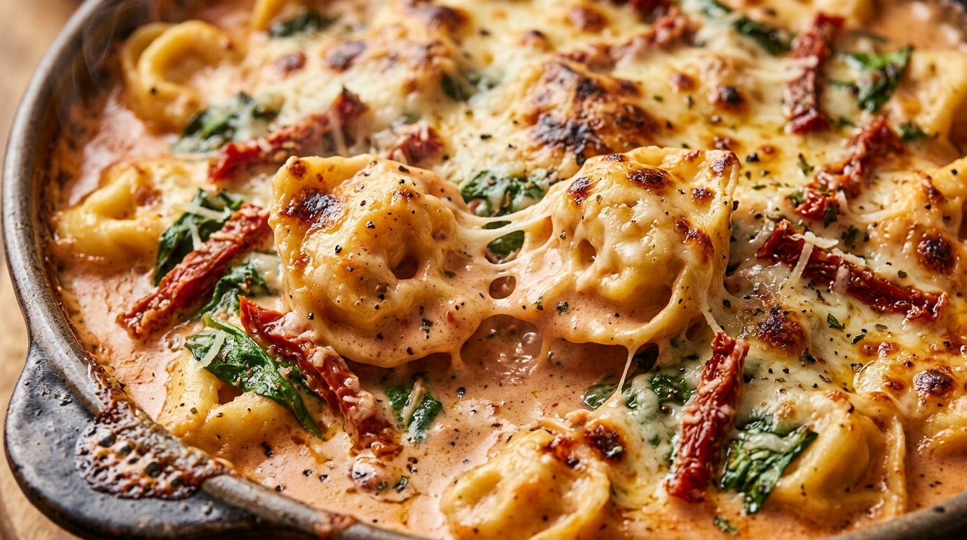 Ultra close-up macro food photography of creamy sun-dried tomato and spinach tortellini bake with melted bubbling mozzarella