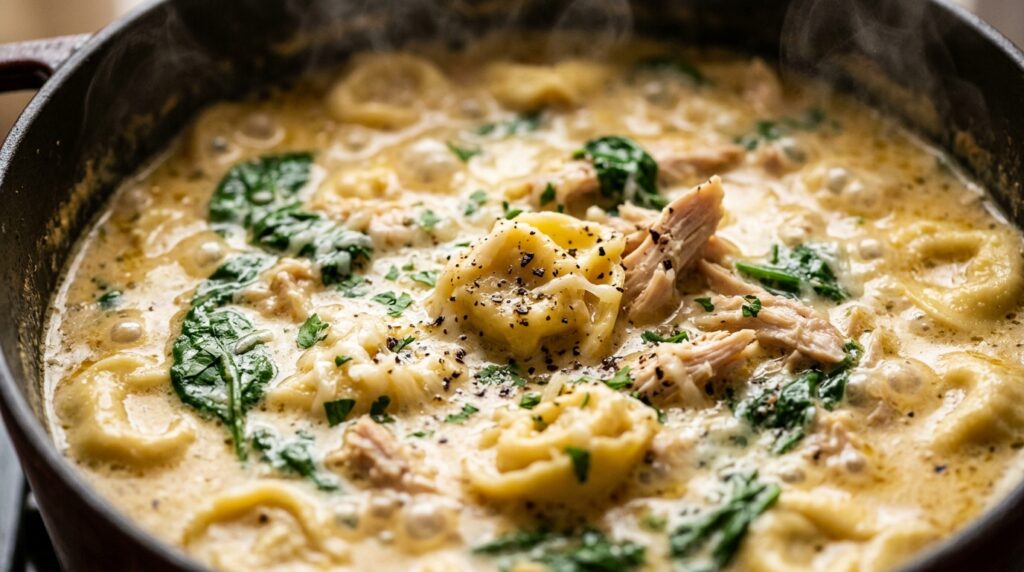 Ultra close-up macro food photography of bubbling creamy tomato basil tortellini soup with melted mozzarella, fresh basil, and shaved parmesan