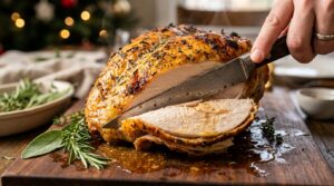 Ultra close-up macro food photography of carved golden juicy garlic herb butter roasted turkey breast with crisp skin and pan drippings