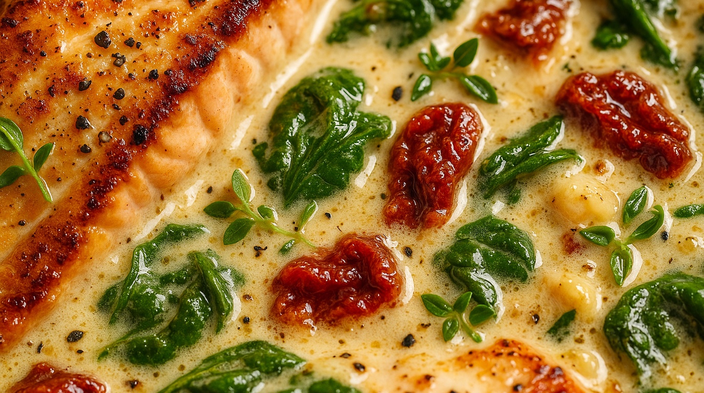 Ultra close-up macro food photography of pan-seared Tuscan salmon with creamy garlic butter sauce, spinach, and sun-dried tomatoes
