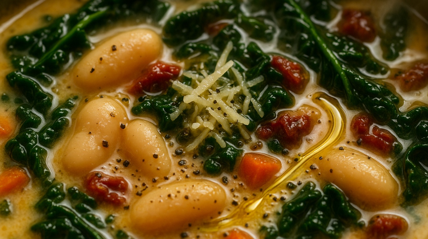 Ultra close-up macro food photography of creamy Tuscan white bean and kale soup with parmesan and cracked black pepper