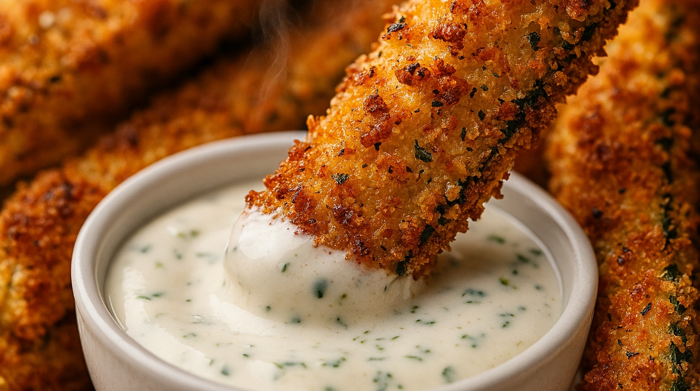 Ultra close-up macro food photography of ultra-crispy baked zucchini fries being dipped into creamy garlic herb dip