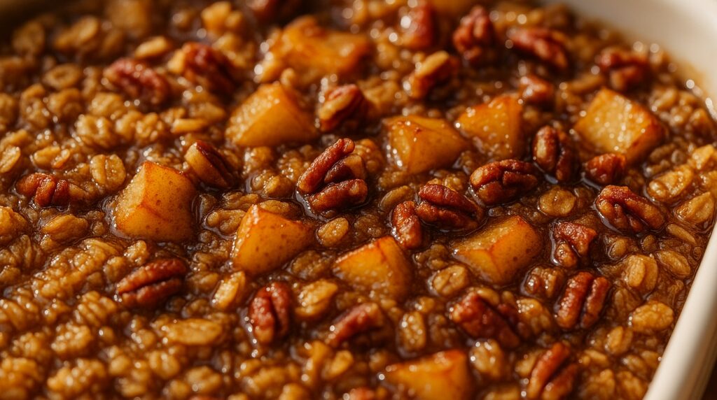 Ultra close-up macro food photography of bubbling apple cinnamon baked oatmeal with toasted pecans and maple glaze