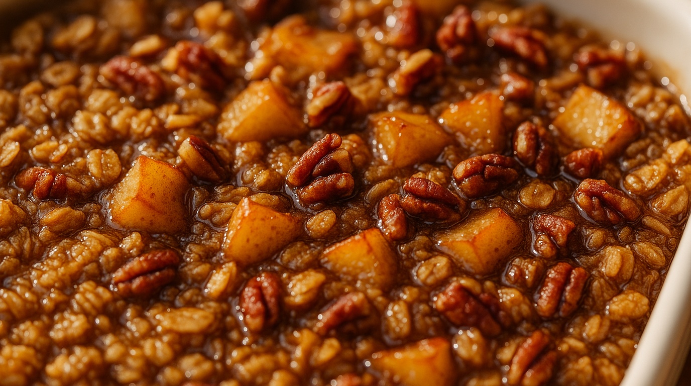 Ultra close-up macro food photography of bubbling apple cinnamon baked oatmeal with golden toasted pecans and pure amber maple syrup in ceramic baking dish