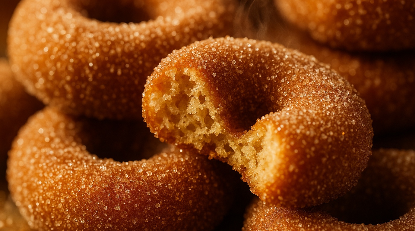 Ultra close-up macro food photography of baked apple cider donuts coated generously in sparkling cinnamon sugar