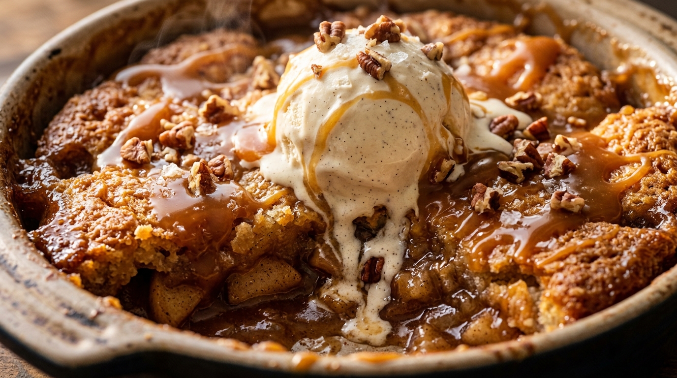 Ultra close-up macro food photography of warm salted caramel apple dump cake with golden buttery crust, bubbling spiced apples, melting vanilla bean ice cream, and sea salted caramel drizzle