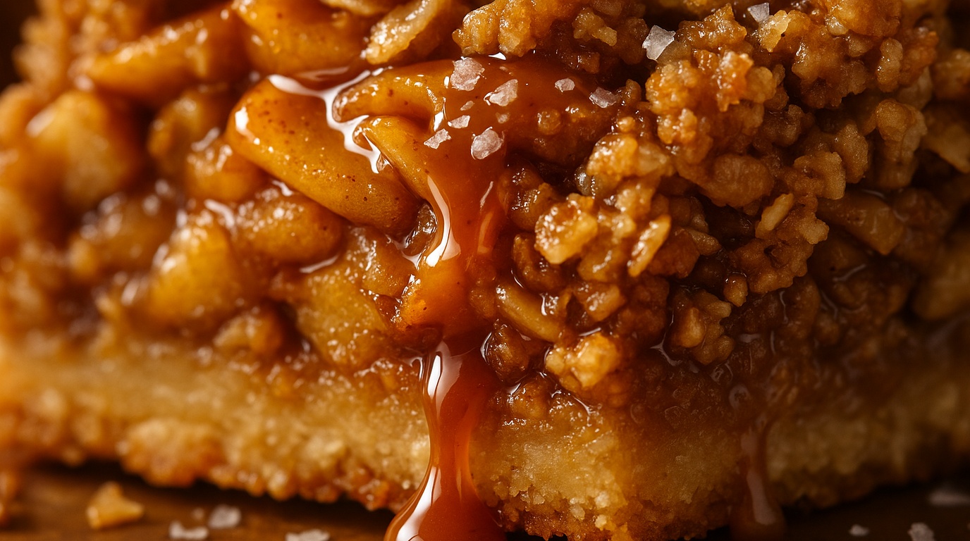 Ultra close-up macro food photography of salted caramel apple pie bars with buttery shortbread crust, spiced apple filling, and golden oat streusel
