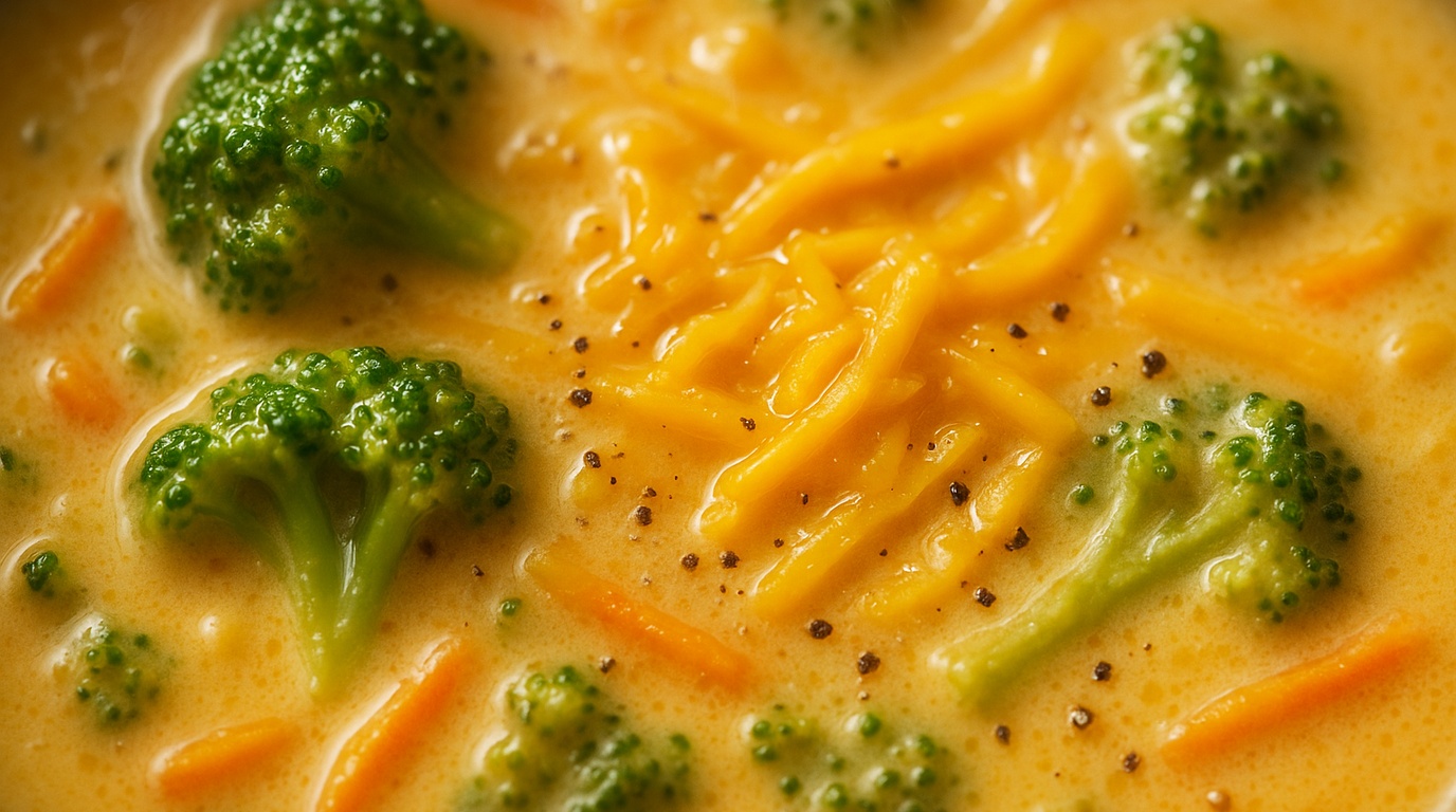 Ultra close-up macro food photography of rich velvety broccoli cheddar soup topped with melted sharp cheddar cheese