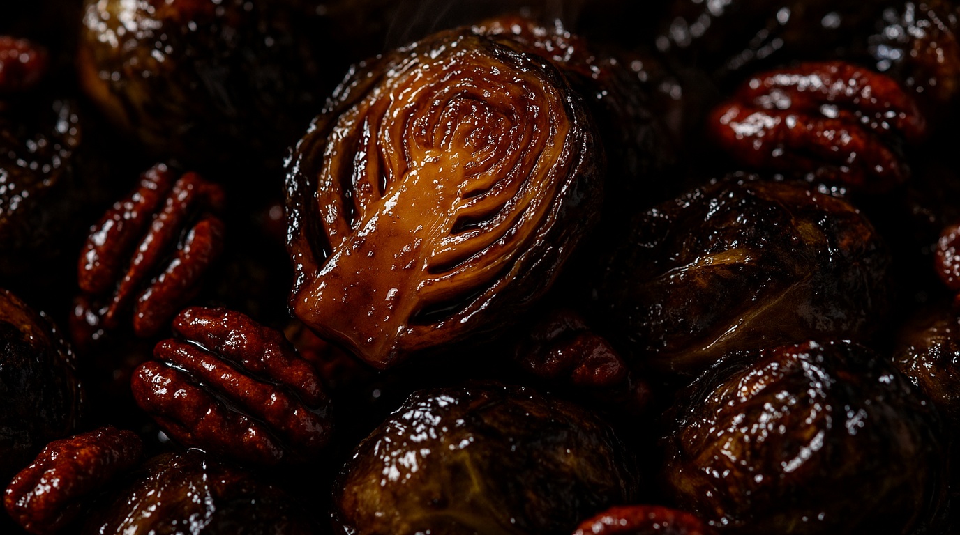 Ultra close-up macro food photography of caramelized crispy roasted Brussels sprouts tossed in maple balsamic glaze with candied pecans