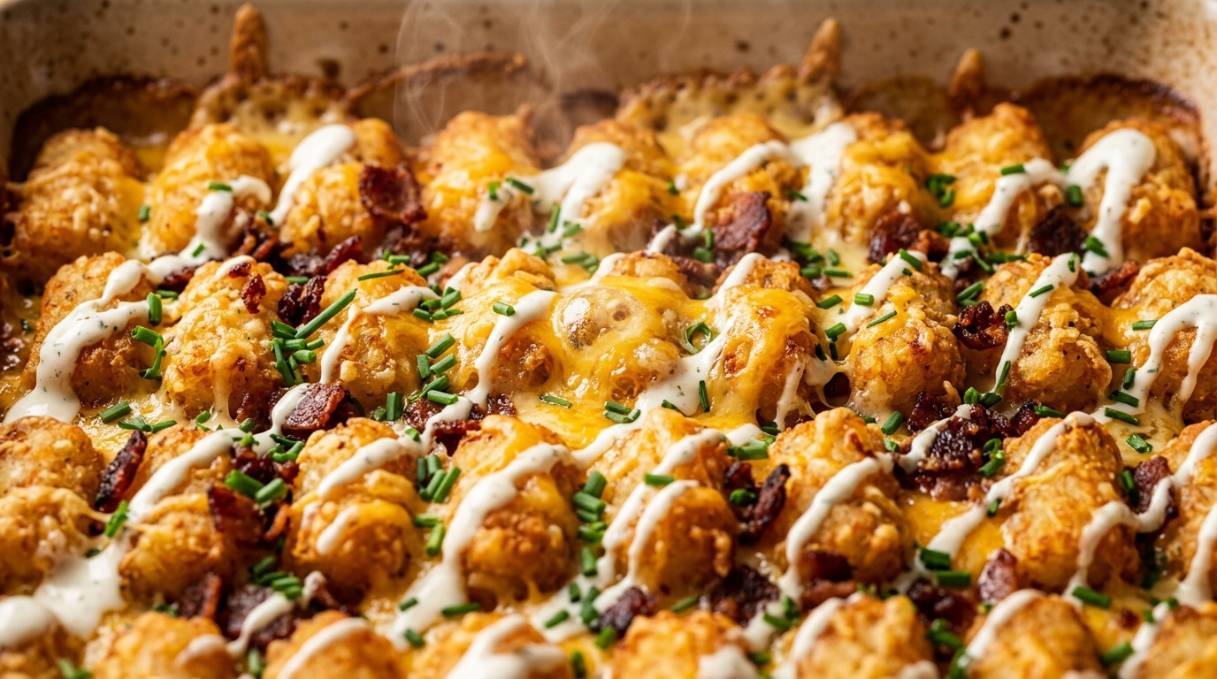 Ultra close-up macro food photography of bubbling chicken bacon ranch tater tot casserole with crispy golden tots, melted cheddar cheese, crispy beef bacon bits, and chopped chives