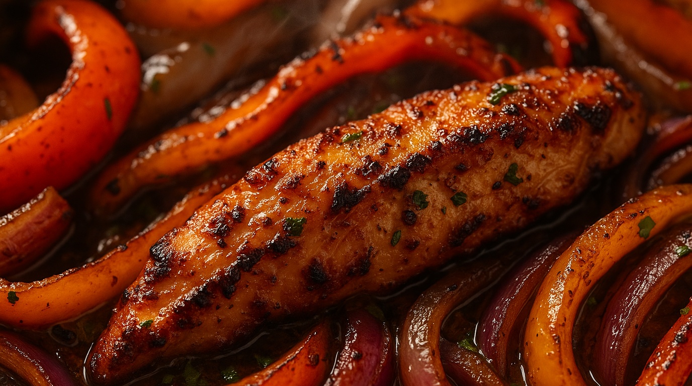 Ultra close-up macro food photography of sizzling sheet pan chicken fajitas with roasted chicken strips, blistered bell peppers and onions