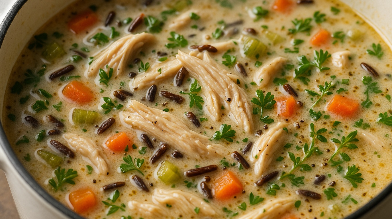 Ultra close-up macro food photography of creamy chicken and wild rice soup simmering with tender chicken, wild rice, and fresh herbs
