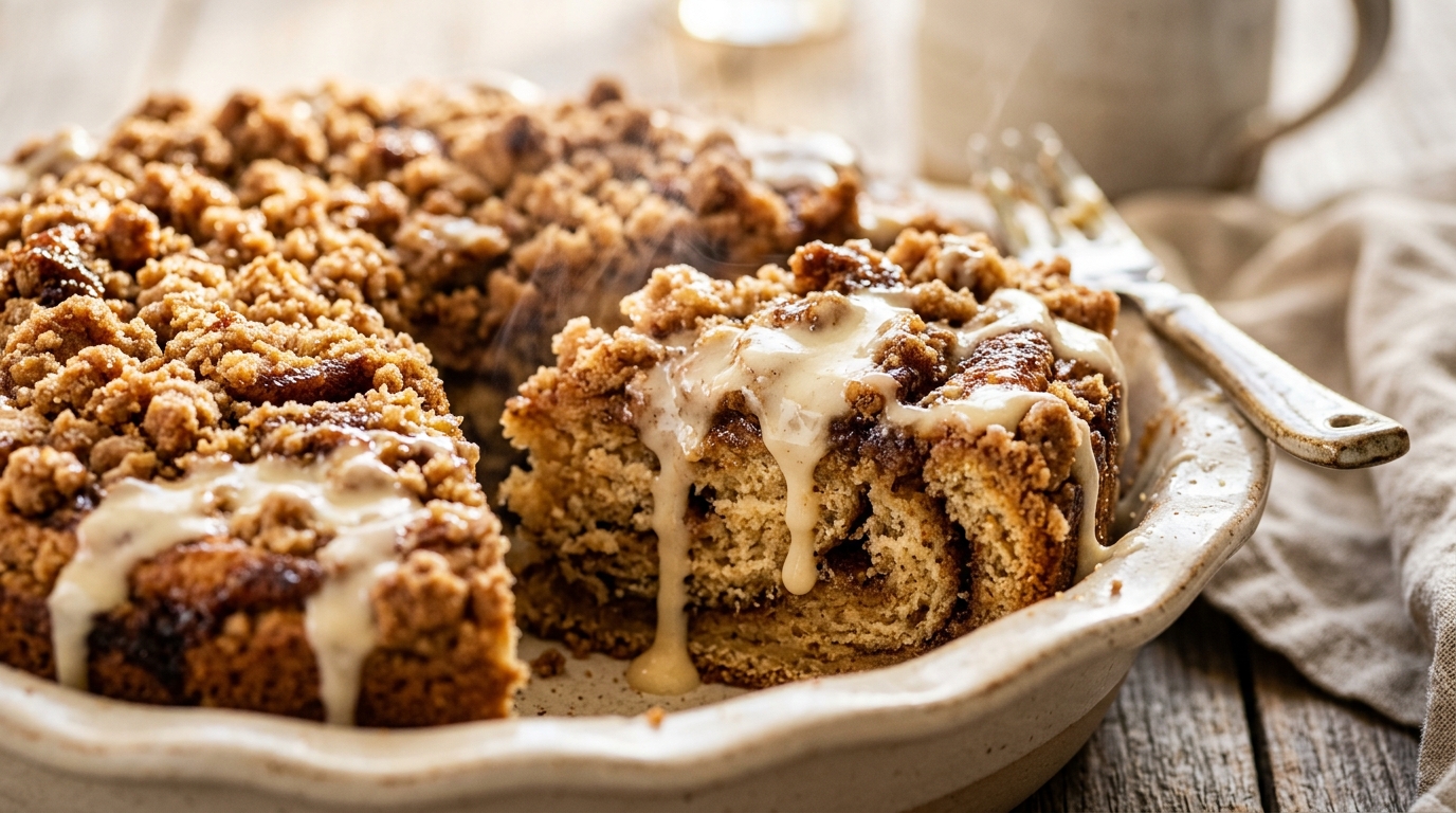 Ultra close-up macro food photography of warm bakery style cinnamon roll coffee cake showing brown sugar swirls and melting cream cheese glaze