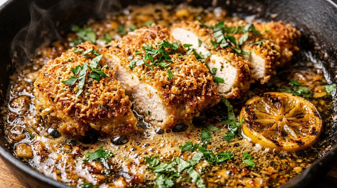 Ultra close-up macro food photography of golden crispy parmesan crusted chicken cutlets sizzling in velvety lemon butter pan sauce