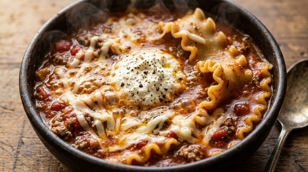 Ultra close-up macro food photography of rich bubbling crockpot lasagna soup with wavy lasagna noodles, ground beef, melted mozzarella, and fresh ricotta crown
