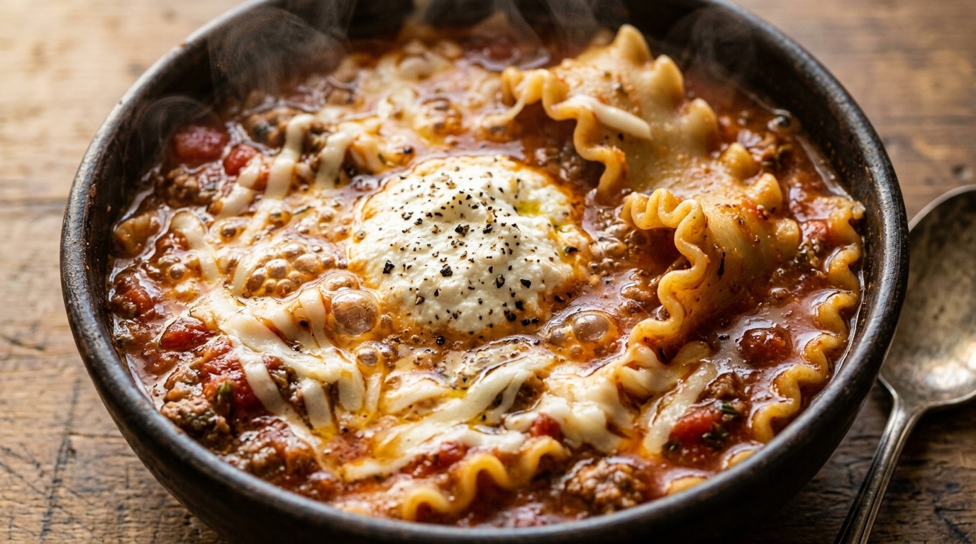 Ultra close-up macro food photography of rich bubbling crockpot lasagna soup with wavy lasagna noodles, seasoned ground beef, melted mozzarella, and seasoned ricotta swirl