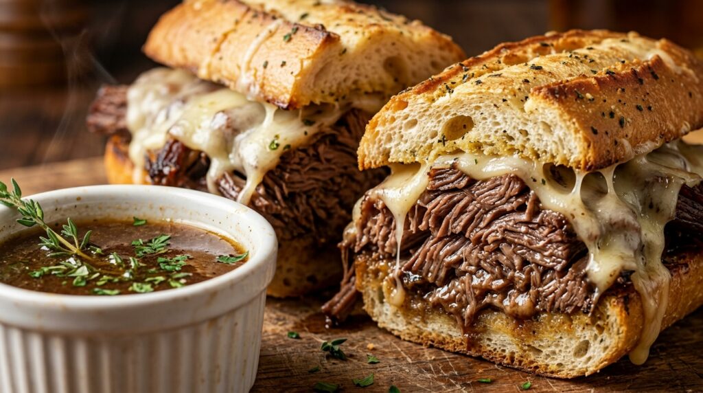 Ultra close-up macro food photography of juicy slow cooker French dip sandwich with melted provolone cheese and rich au jus