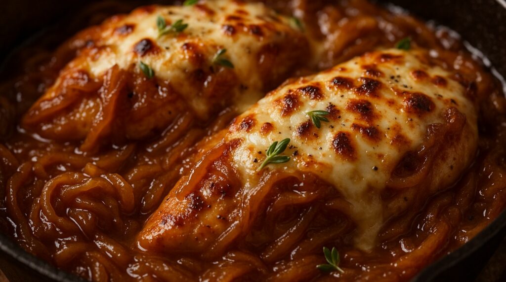 Ultra close-up macro food photography of bubbling skillet French onion chicken with caramelized onions and melted Gruyere