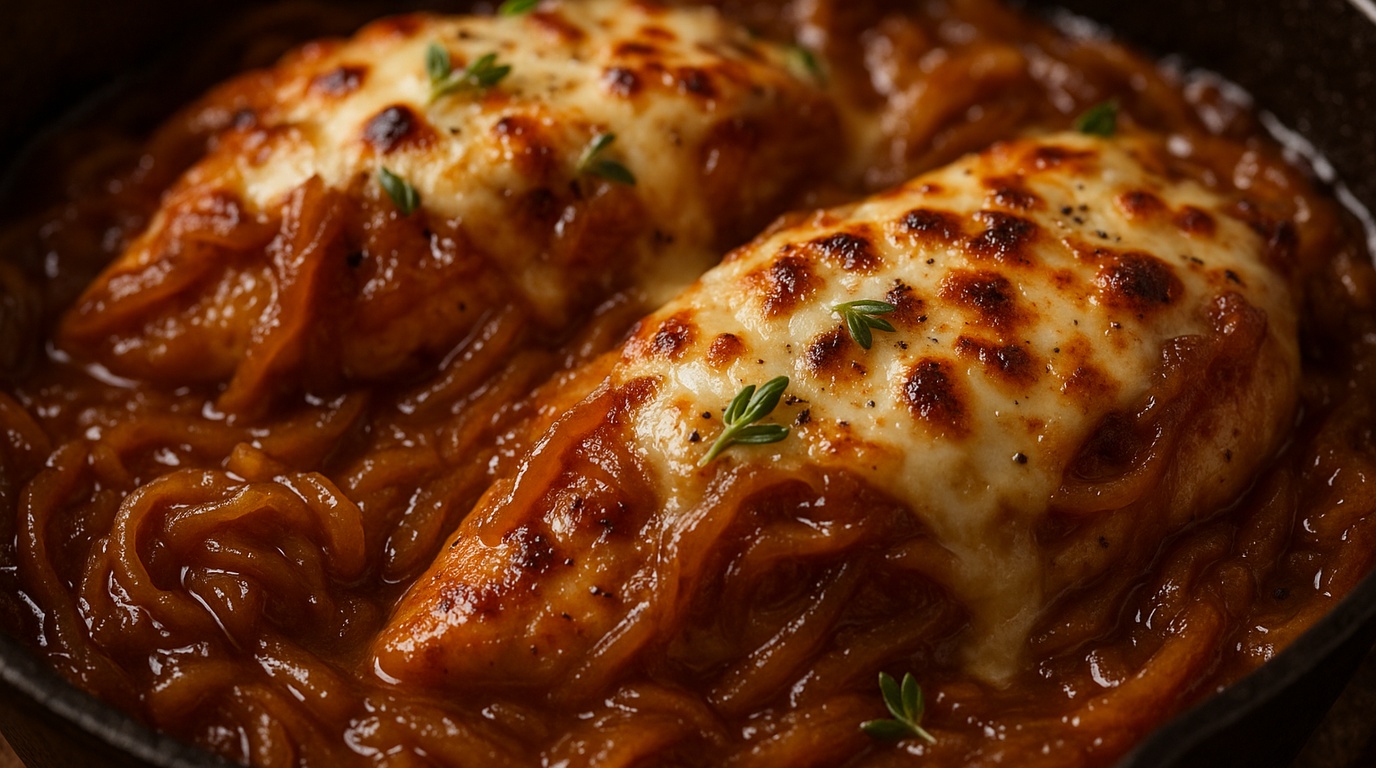 Ultra close-up macro food photography of bubbling skillet French onion chicken smothered in sweet caramelized dark amber onions and melted golden toasted Gruyere cheese