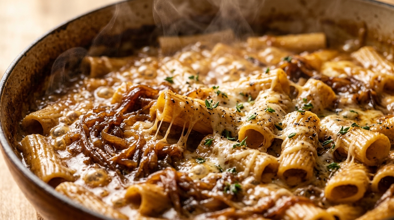 Ultra close-up macro food photography of one pot creamy French onion pasta bubbling in a skillet with melted Gruyere cheese pull and fresh thyme
