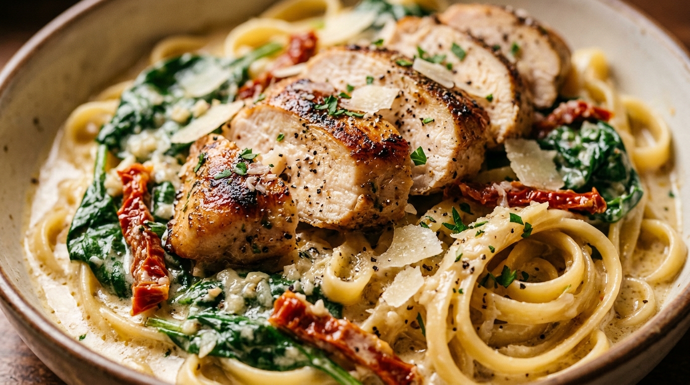 Ultra close-up macro food photography of creamy garlic parmesan chicken pasta with sliced golden chicken breast, twirled fettuccine, sun-dried tomatoes, and fresh shaved parmesan