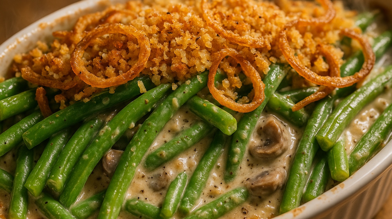 Ultra close-up macro food photography of creamy green bean casserole with crispy fried shallots
