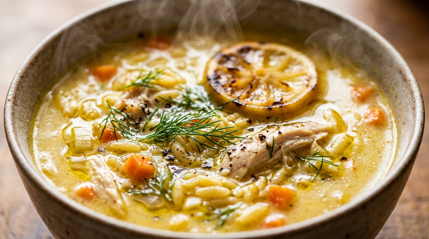 Ultra close-up macro food photography of piping hot creamy lemon chicken orzo soup with shredded chicken tender orzo fresh dill and charred lemon wheel