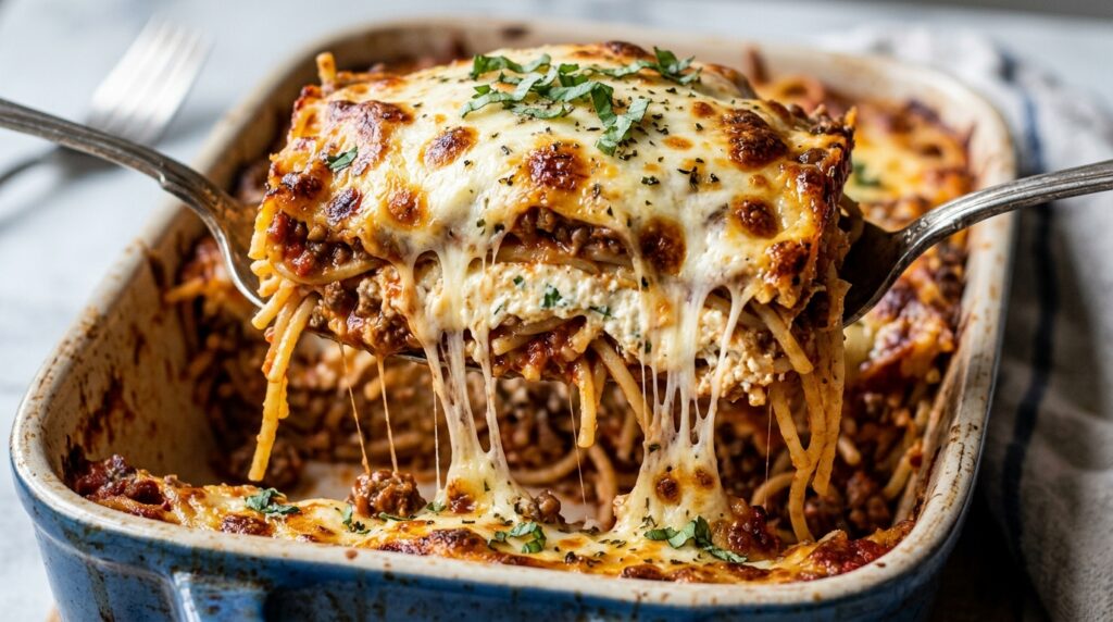 Ultra close-up macro food photography of a slice of million dollar baked spaghetti casserole with gooey melted cheese pull