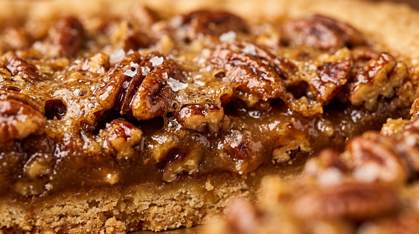 Ultra close-up macro food photography of glistening toasted pecans in bubbling amber brown butter caramel over golden shortbread