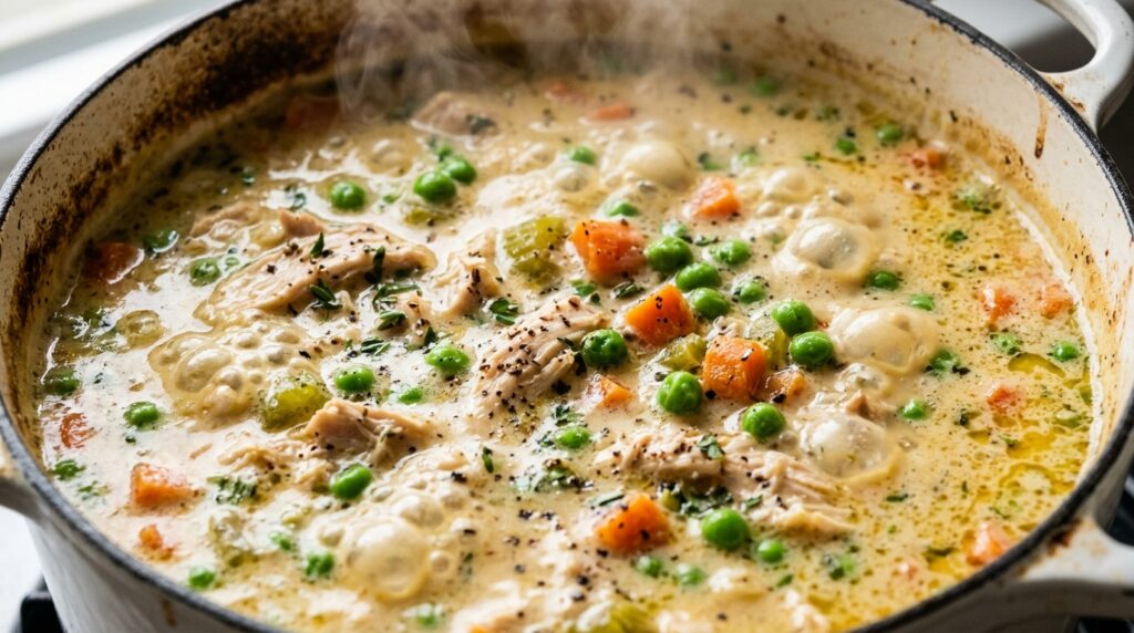 Ultra close-up macro food photography of rich and creamy chicken pot pie soup bubbling in a Dutch oven